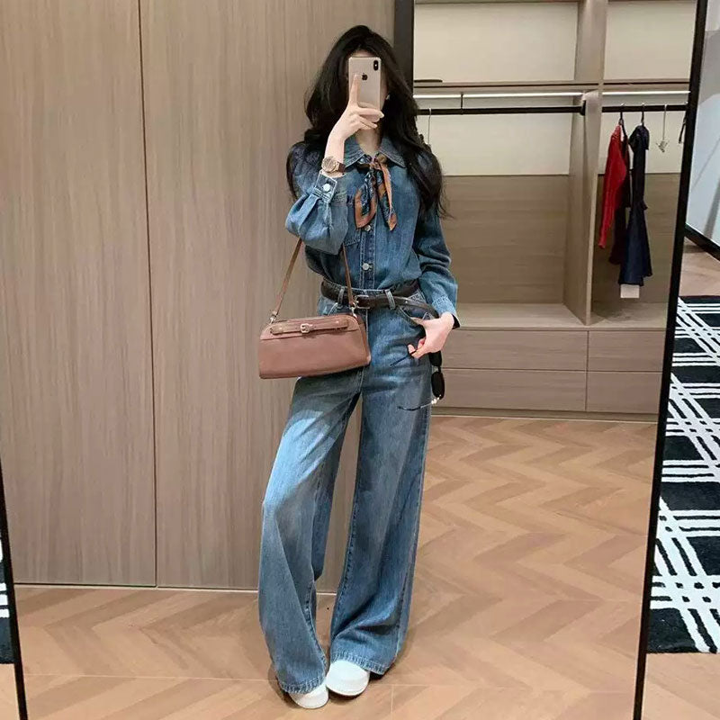 【オシャレ通勤】デニムセットアップ 長袖トップス+ハイウエストワイドパンツ カジュアルコーデ 着回し力抜群ベルトとスカーフ付き