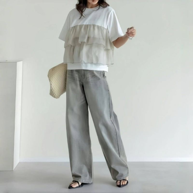 メッシュ切替フレア裾半袖Tシャツトップス