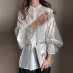 前後リバーシブル花柄シースルートラペットブラウストップス