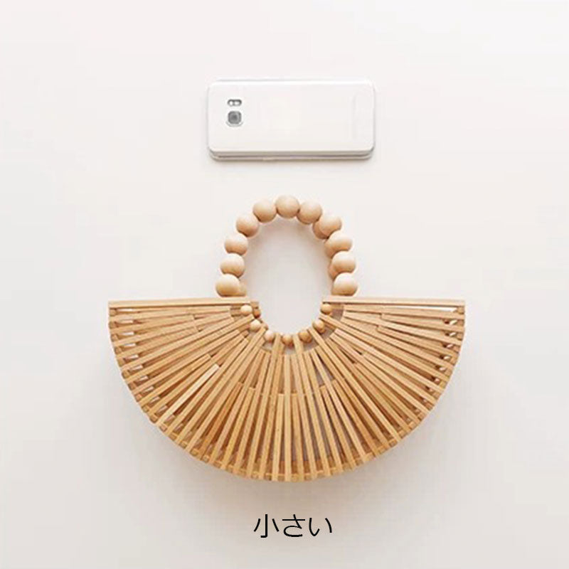 扇型竹バッグ 木玉ハンドル 編みかごハンドバッグ