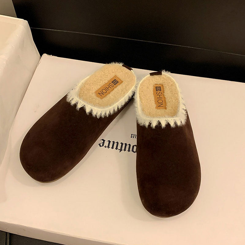 裏ボア あったかミュール防寒スリッパ 室内履き お出かけ OK 丸トゥ カラーシューズ