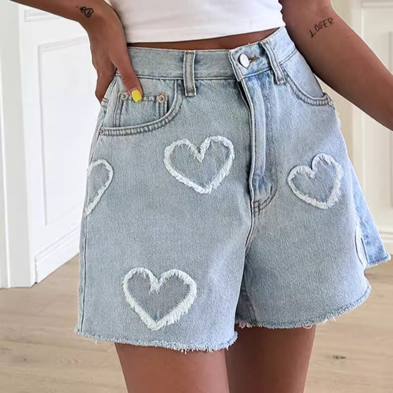 ハートプリントデニムパンツショートパンツダメージデザイン