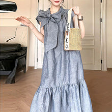 画像をギャラリービューアに読み込む, ストライプ柄リボンフレンチ袖カジュアルワンピース
