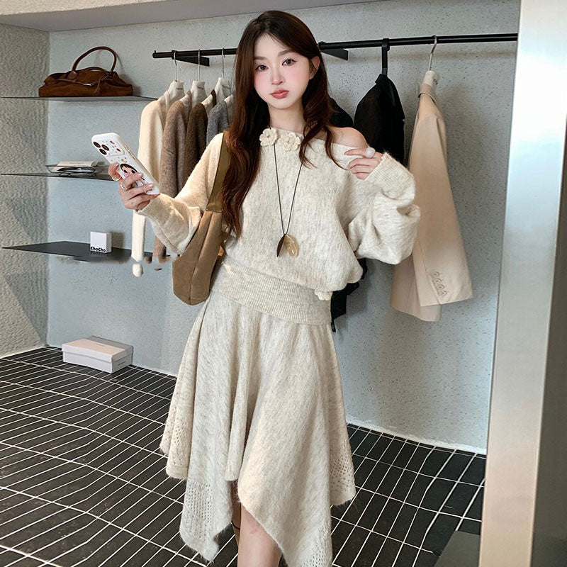 大人女子秋冬コーデ オフショルダー花飾りニットトップス＋アシンメトリースカート 2 点セット柔らか素材 韓国系（ベルトなし）