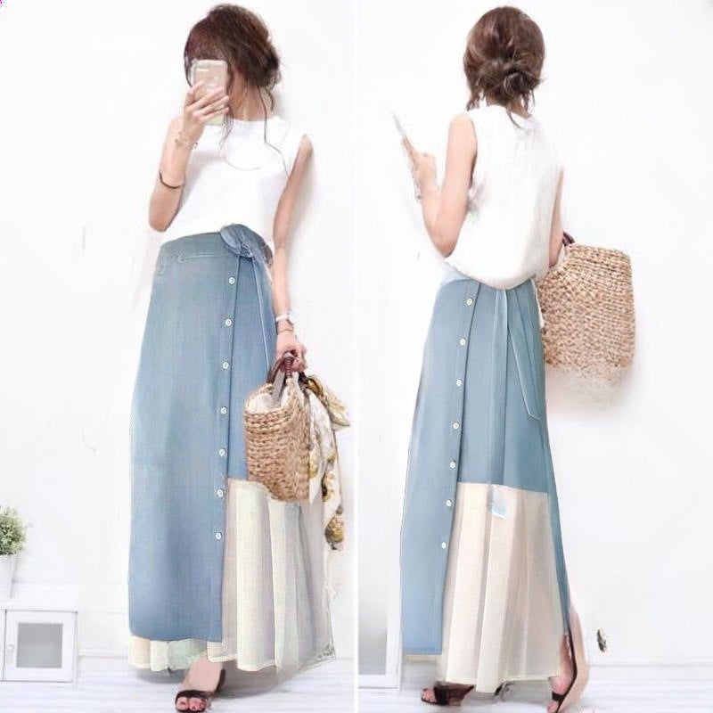 白ベストトップス＆ブルー切替スカートセットアップ