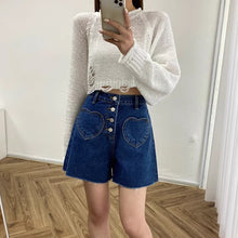 画像をギャラリービューアに読み込む, ハイウエストデニムショートパンツデニムパンツハートポケット
