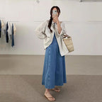 ノースリーブデニムワンピースフレア裾後ろジッパーデートワンピース