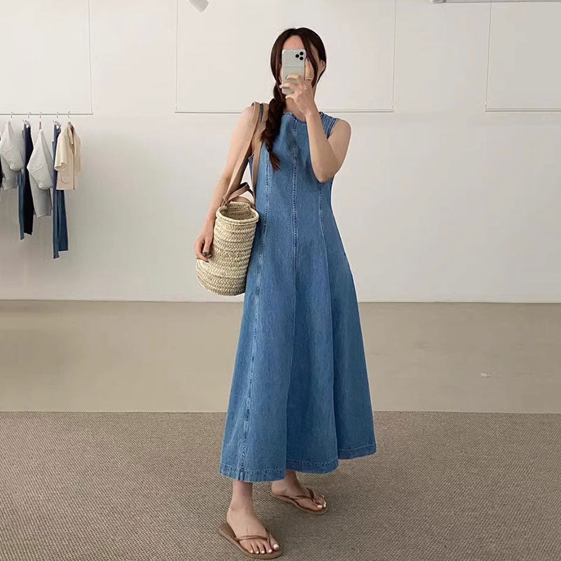 ノースリーブデニムワンピースフレア裾後ろジッパーデートワンピース