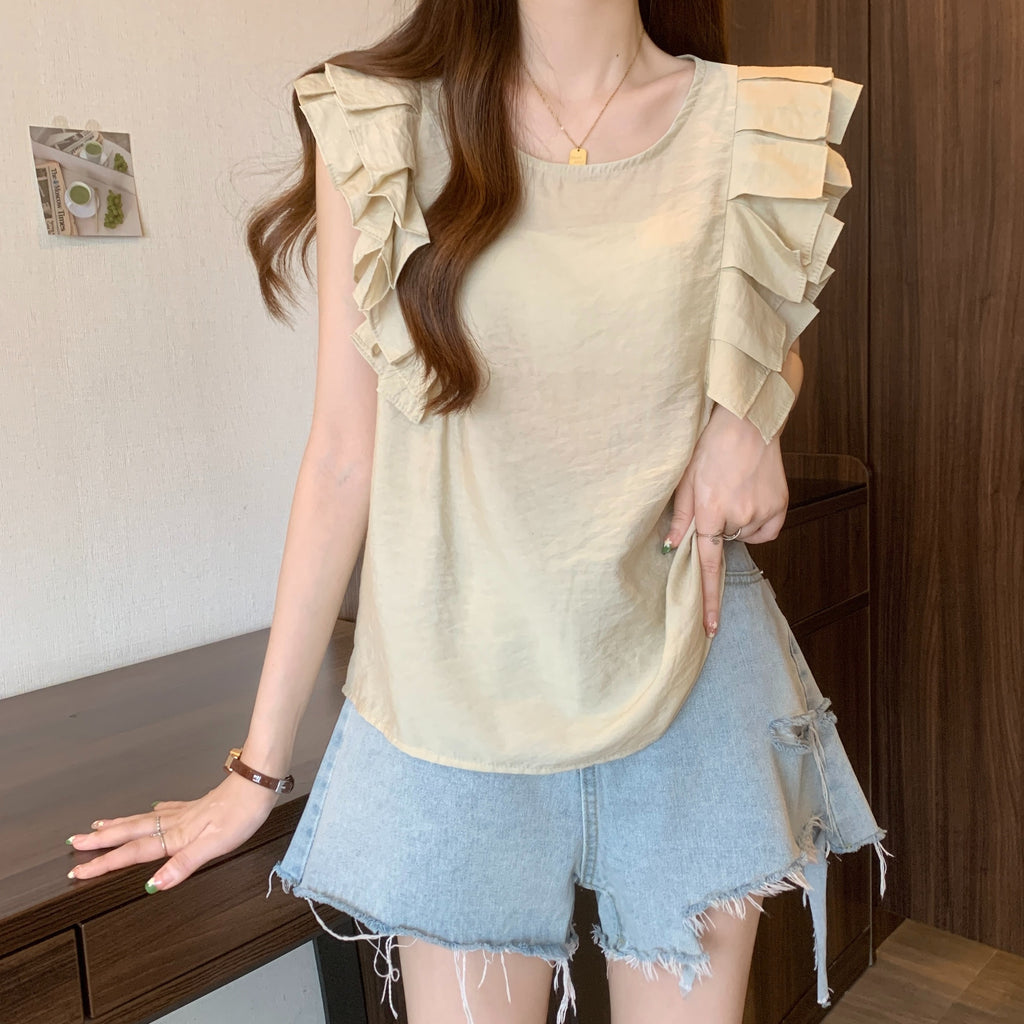 フリル裾無袖無地Tシャツトップスシンプルコーデ