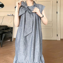 画像をギャラリービューアに読み込む, ストライプ柄リボンフレンチ袖カジュアルワンピース

