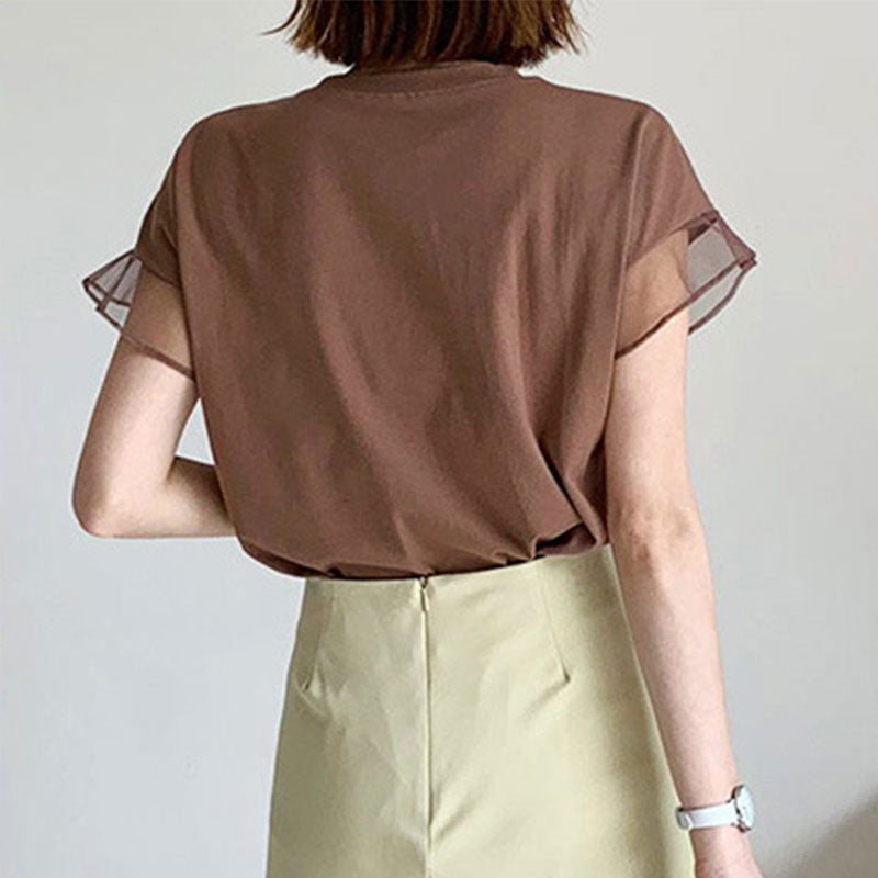 フレンチ袖メッシュ切替袖シンプルコーデTシャツトップス