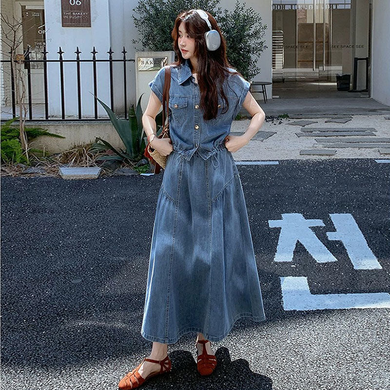 デニムセットアップ レディース 半袖ジャケット ロングワンピーススカート 韓国ファッション ゆったり 大人カジュアル