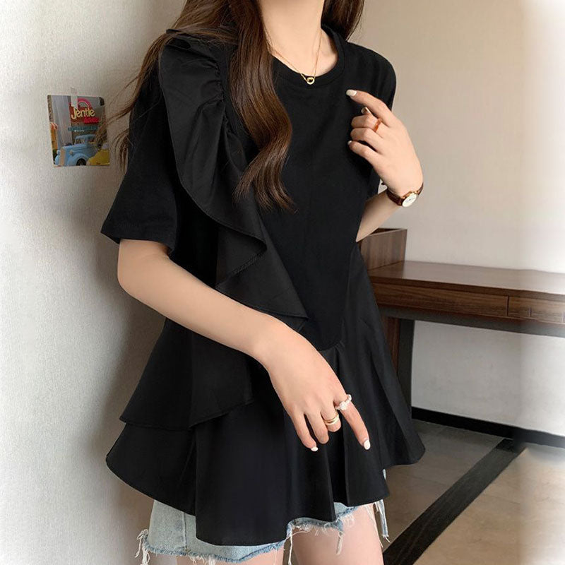 フレア裾切替不規則Tシャツトップス