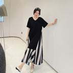 ストライプ柄切替スリットカジュアルワンピース半袖Tシャツワンピース