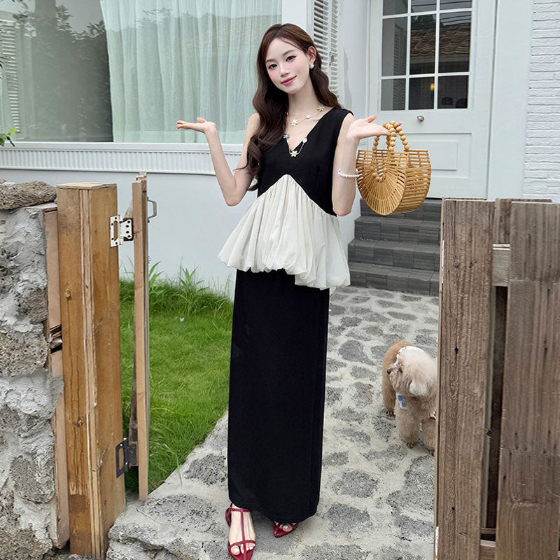 シフォン切替Vネックベスト＆Hラインスカートセットアップ