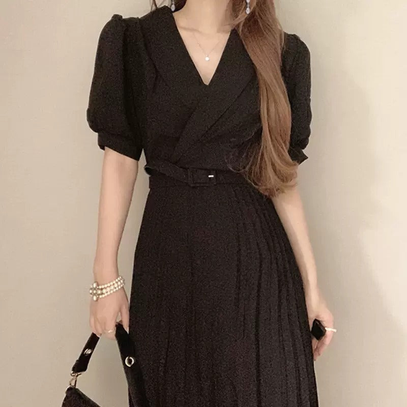 折ネックプリーツパフスリーブデートワンピース（ベルト付き）ジッパー付き