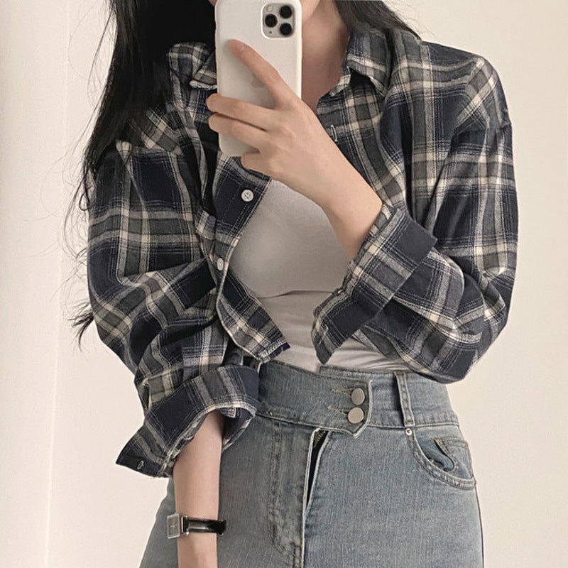 チェック柄ショート丈シャツトップス
