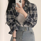 チェック柄ショート丈シャツトップス
