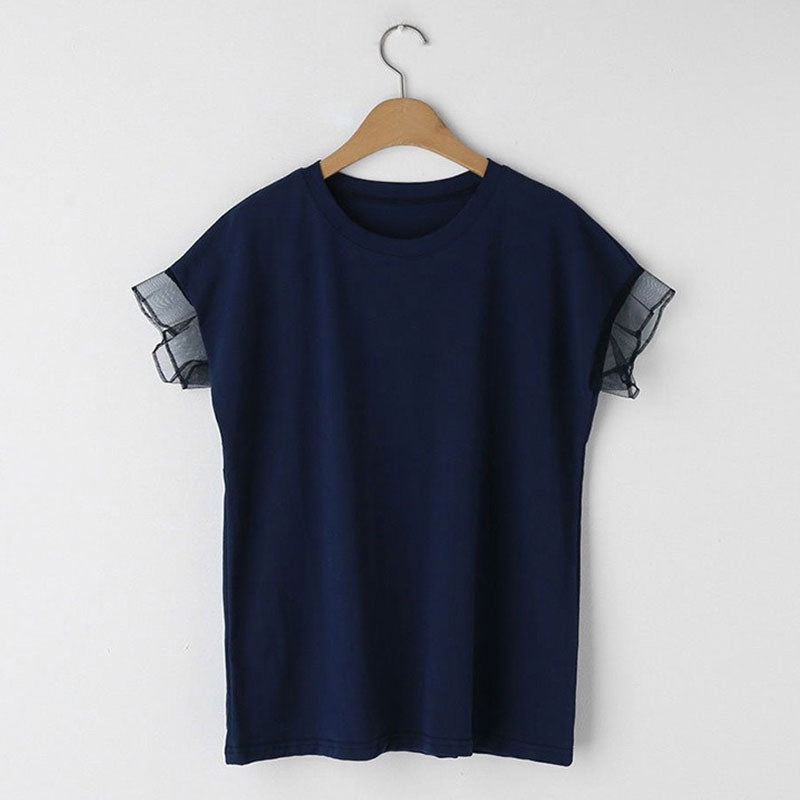 フレンチ袖メッシュ切替袖シンプルコーデTシャツトップス
