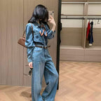 【オシャレ通勤】デニムセットアップ 長袖トップス+ハイウエストワイドパンツ カジュアルコーデ 着回し力抜群ベルトとスカーフ付き