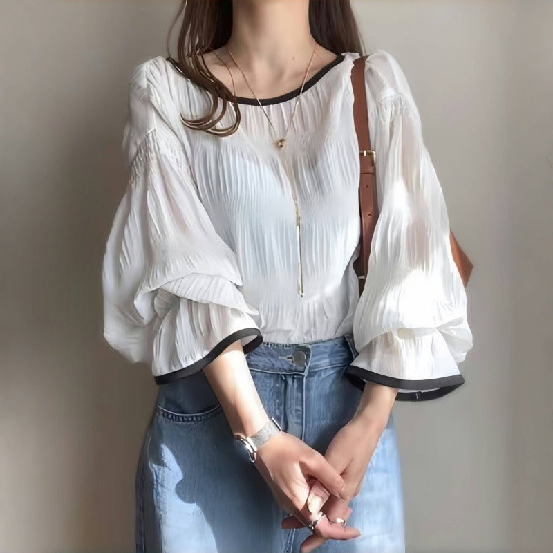 シースルートラペット無地ブラウストップス