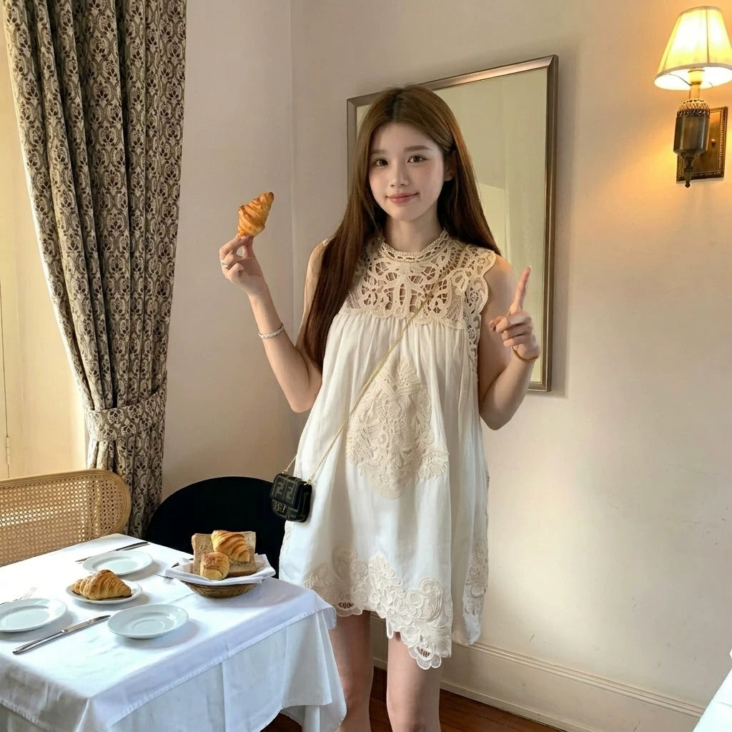 ノースリーブ レースワンピース 韓国風 ゆったり Aライン ミニ丈 大人可愛い デート お出かけカジュアルワンピース