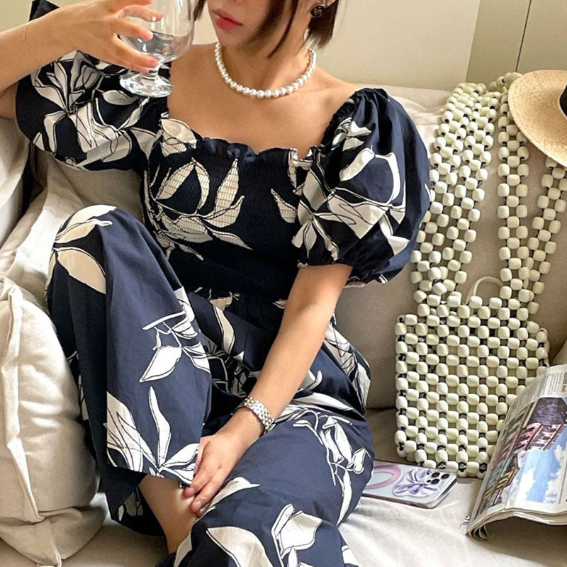 花柄ゴムバストオールインワン旅行コーデパフスリーブジャンプスーツ