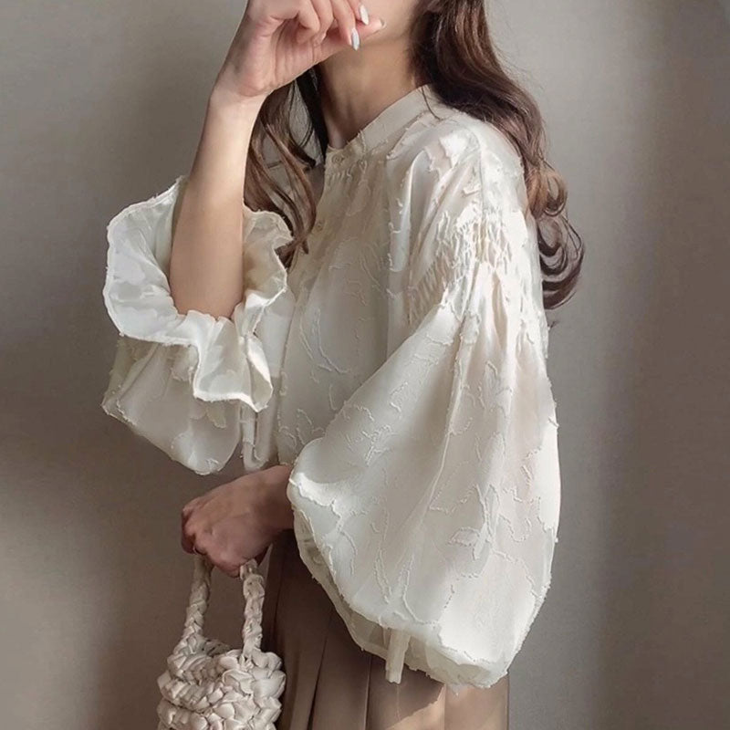 前後リバーシブル花柄シースルートラペットブラウストップス