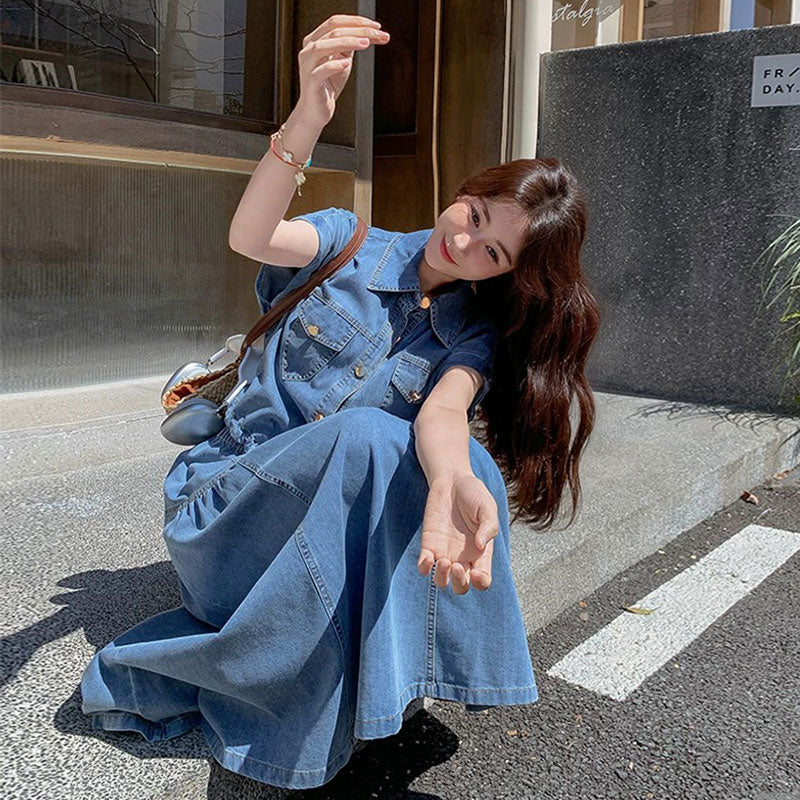 デニムセットアップ レディース 半袖ジャケット ロングワンピーススカート 韓国ファッション ゆったり 大人カジュアル