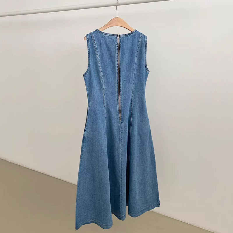 ノースリーブデニムワンピースフレア裾後ろジッパーデートワンピース