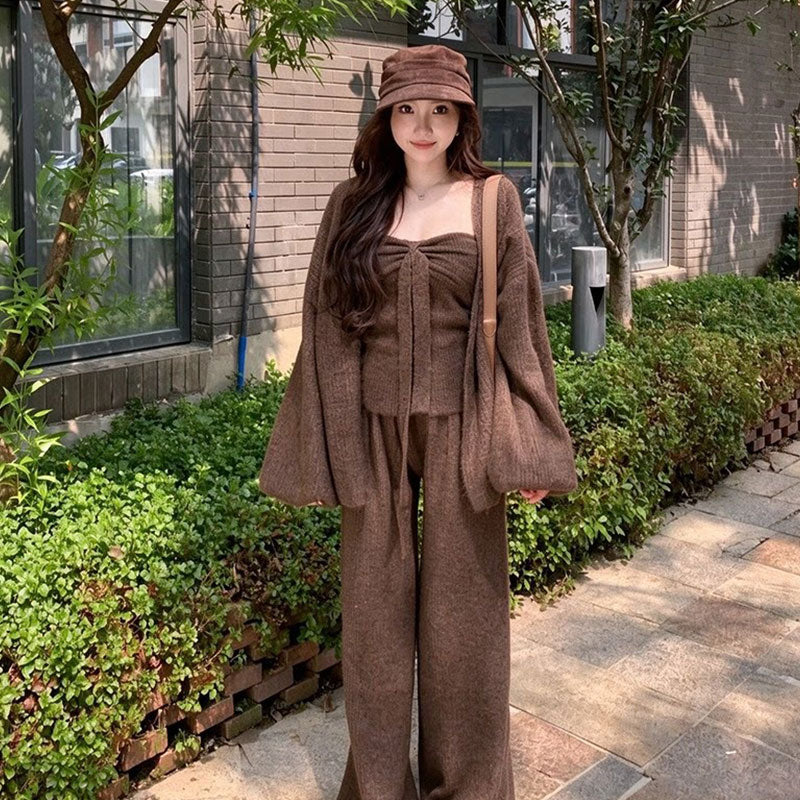 3 点セット リブ編みビスチェ + バルーンスリーブカーディガン + ハイウエストワイドパンツルーズシルエット 体型カバー 着回し抜群