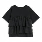 メッシュ切替フレア裾半袖Tシャツトップス