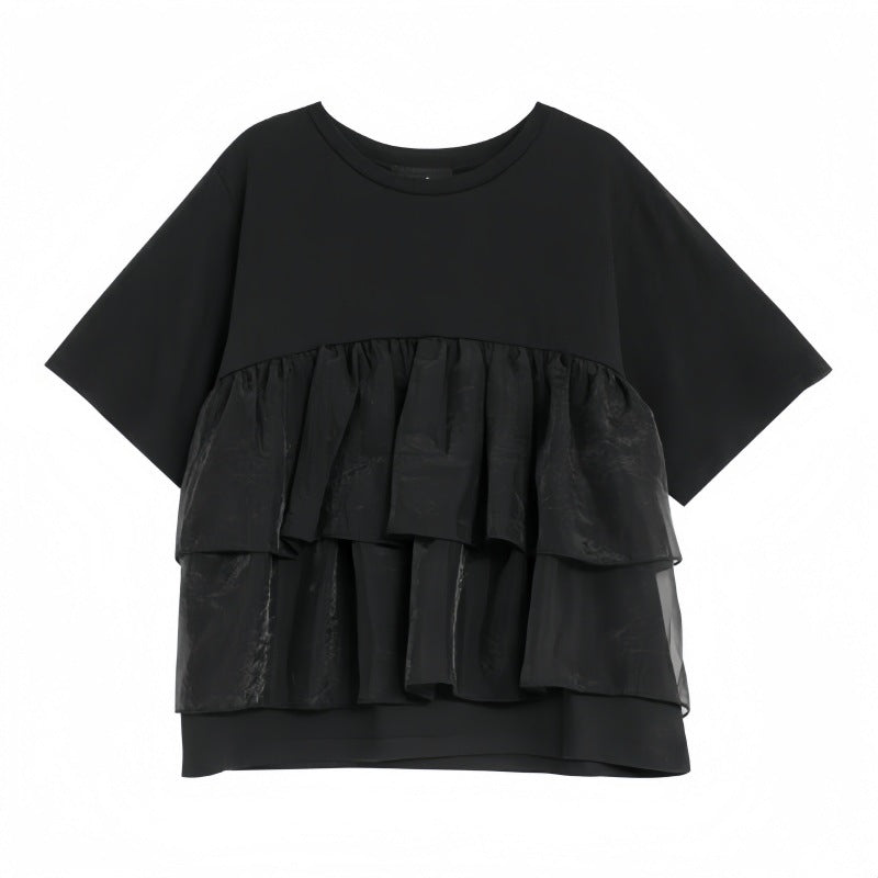メッシュ切替フレア裾半袖Tシャツトップス