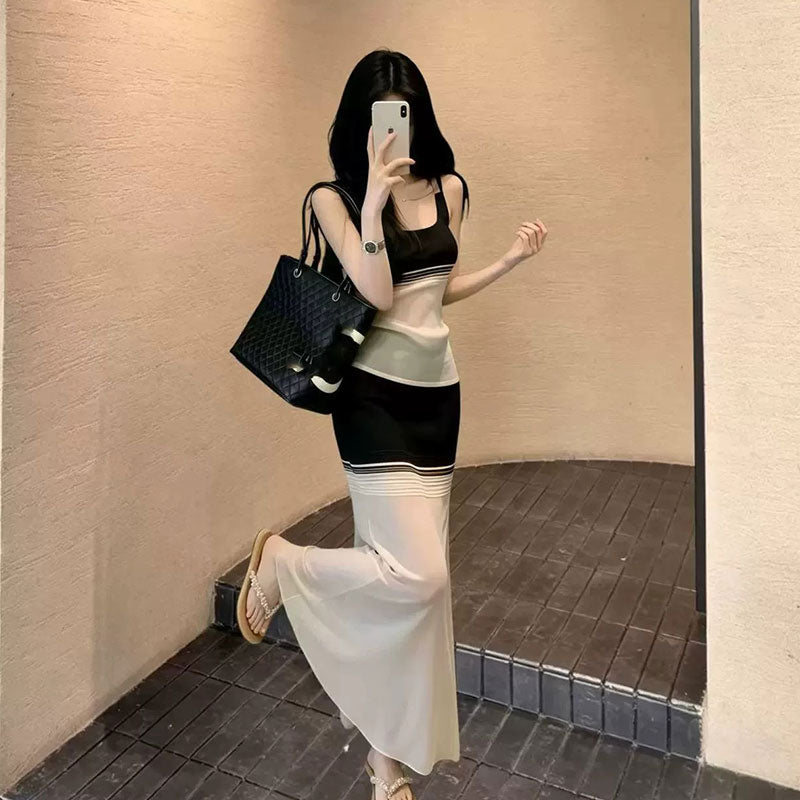 モノトーン ストライプ トップス シアーロングスカート セットアップ ウエストカット セクシー リゾート