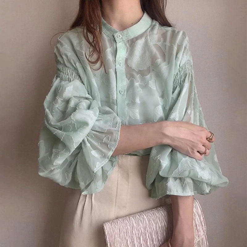 前後リバーシブル花柄シースルートラペットブラウストップス