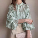 前後リバーシブル花柄シースルートラペットブラウストップス
