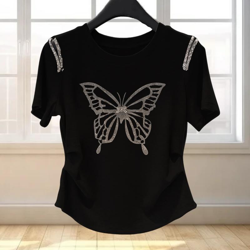 半袖ビーズ付き蝶々プリントTシャツトップス
