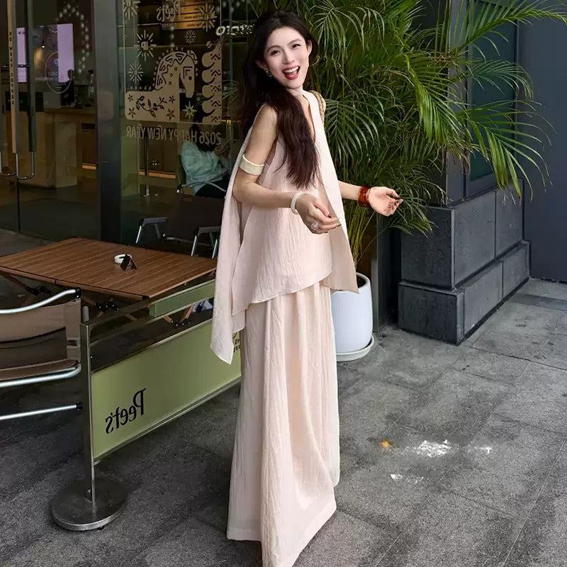 ネクタイノースリーブトップス × ワイドパンツ セットアップ韓国風 ゆったり 体型カバー
