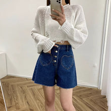 画像をギャラリービューアに読み込む, ハイウエストデニムショートパンツデニムパンツハートポケット
