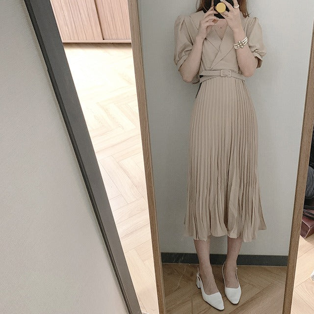 折ネックプリーツパフスリーブデートワンピース（ベルト付き）ジッパー付き