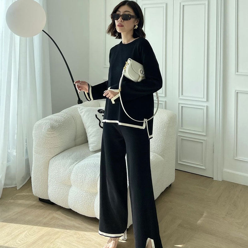 配色切替ニットトップス＆カジュアルパンツセットアップ