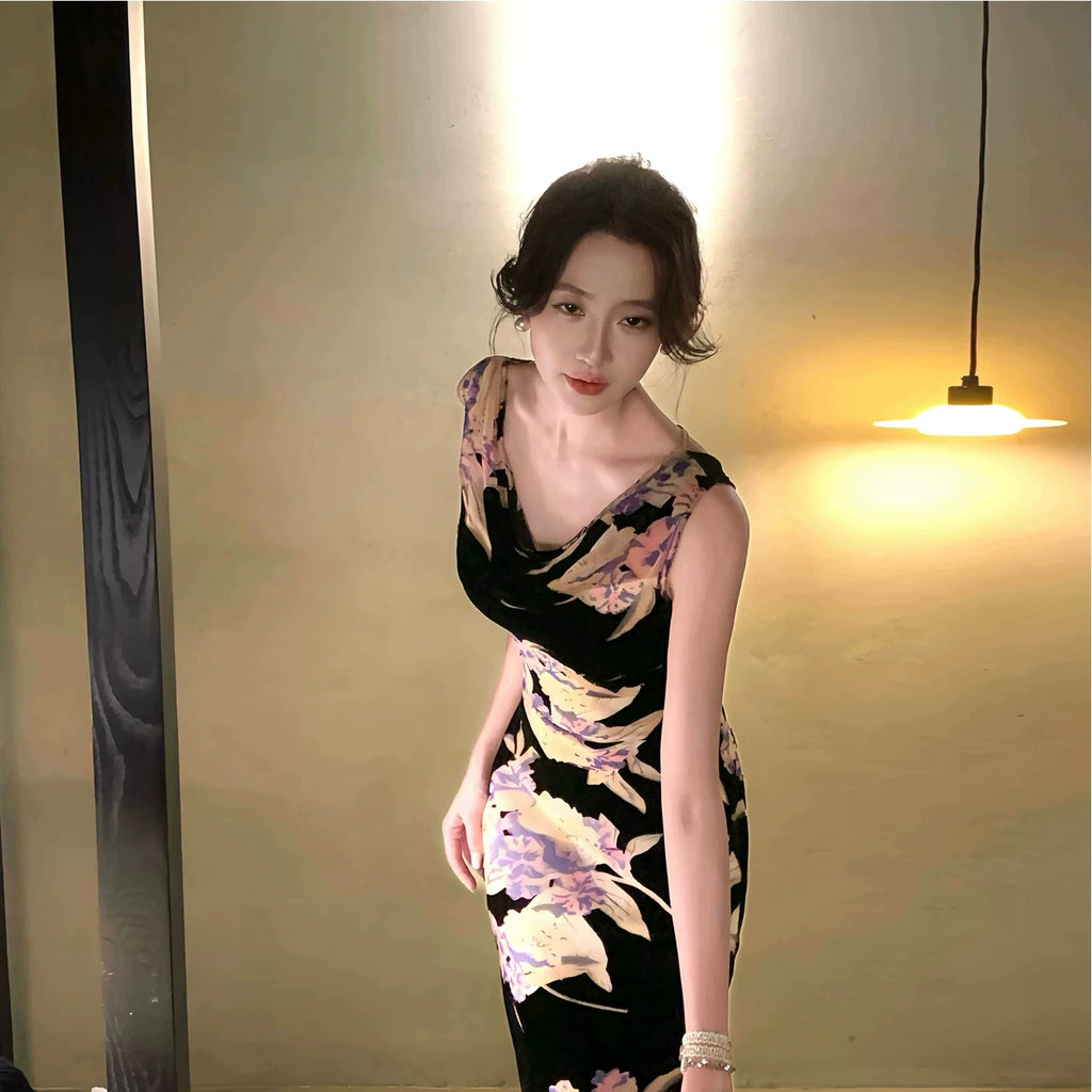 花柄ワンピースノースリーブ マーメイドライン ロング丈花柄 大人セクシー エレガント パーティー 結婚式デートワンピース