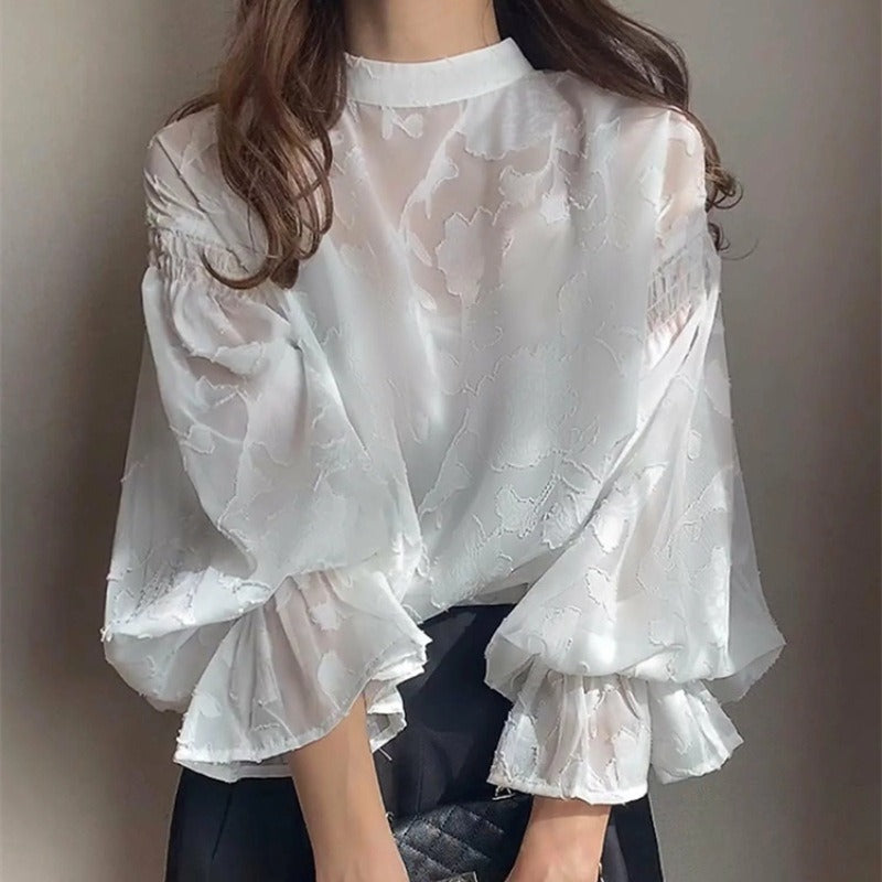 前後リバーシブル花柄シースルートラペットブラウストップス
