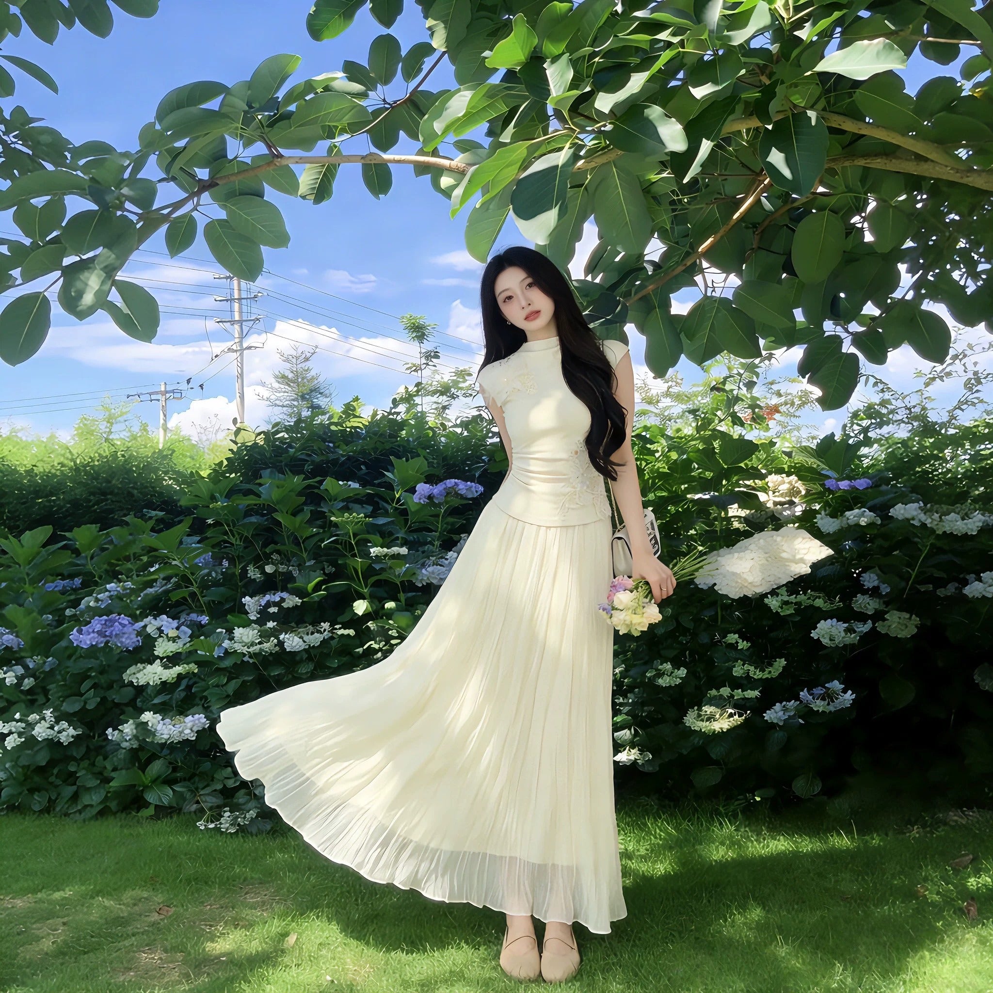 ノースリーブ ニット トップス ＆ プリーツ ロング スカート セットアップ 2点セット 半袖 高見え 上品大人可愛い お出かけ パーティー 結婚式  美シルエット