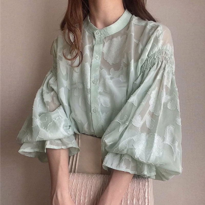 前後リバーシブル花柄シースルートラペットブラウストップス