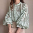 前後リバーシブル花柄シースルートラペットブラウストップス