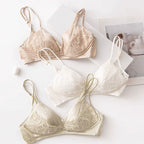 ダブルストラップ レースブラジャー ノンワイヤー シルク調 大人可愛い ナチュラル インナー