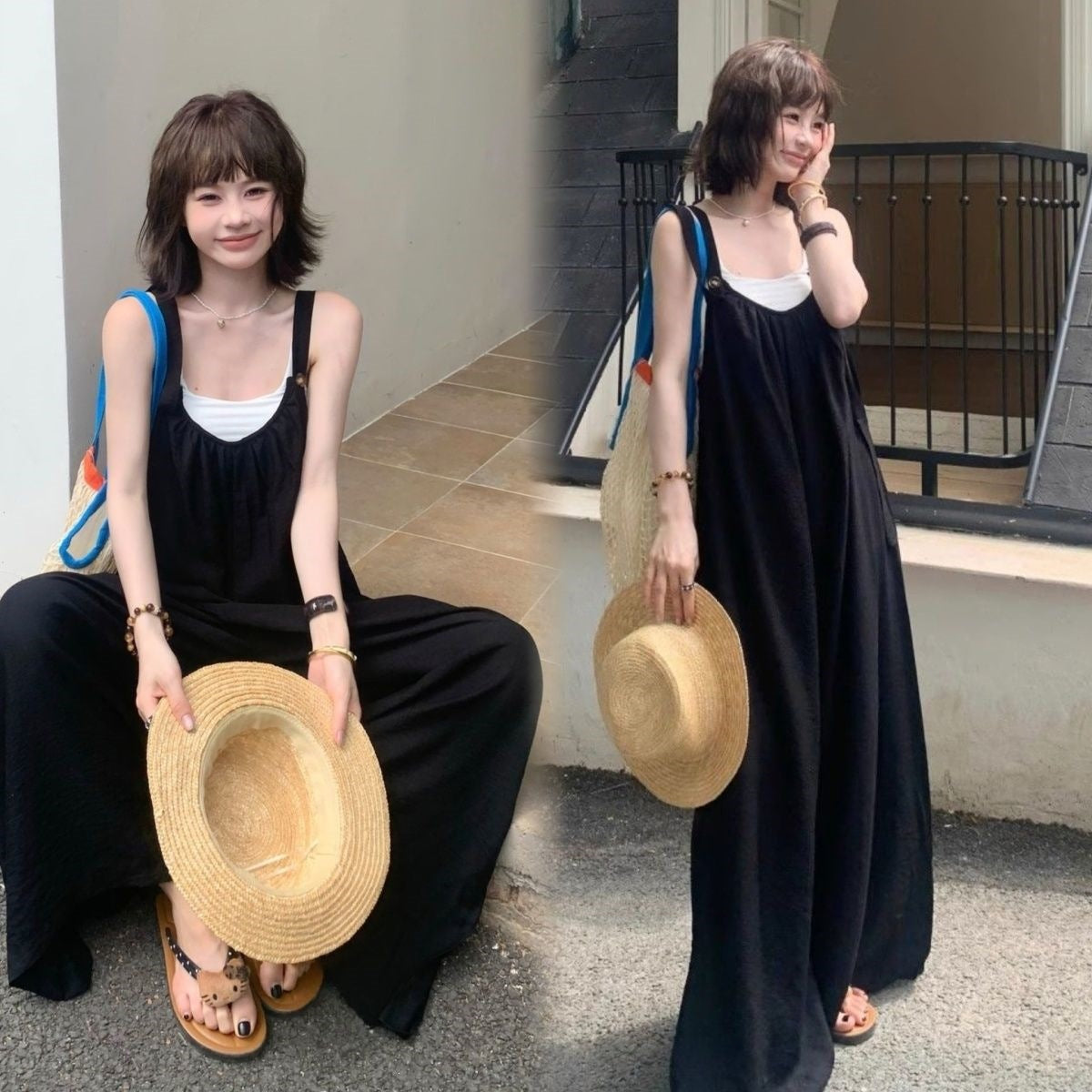 サロペット（トップスなし） ゆったり ワイドパンツ 体型カバー 無地 オーバーオール リラックス 一枚着 旅行コーデ