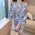ヒョウ柄パフスリーブVネックデートワンピース
