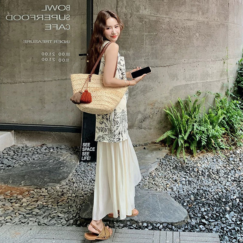 花柄ノースリーブベストワンピース重ね風 韓国風 ゆったりシルエットカジュアル お出かけ 大人可愛い